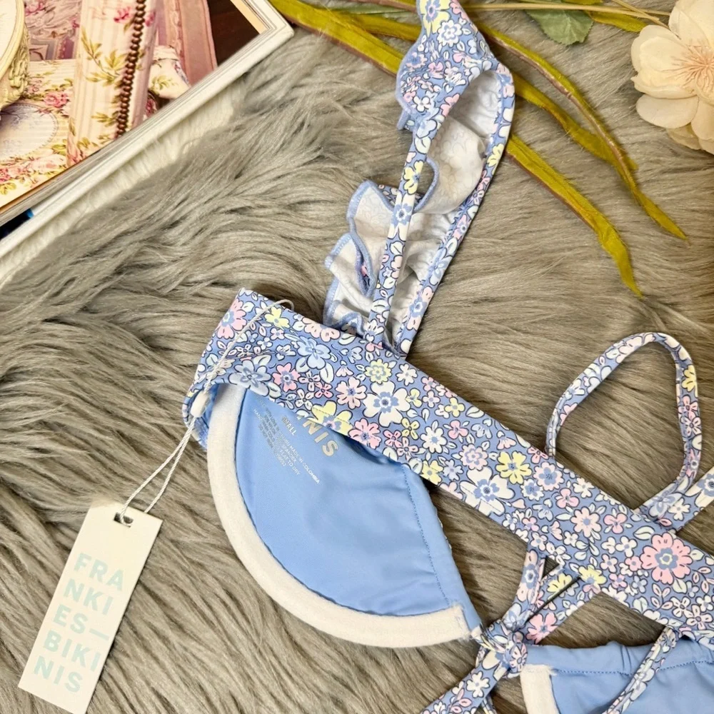 NWT Frankie’s Bikinis Blue Birdie Women’s Underwire Bikini Top Sz S